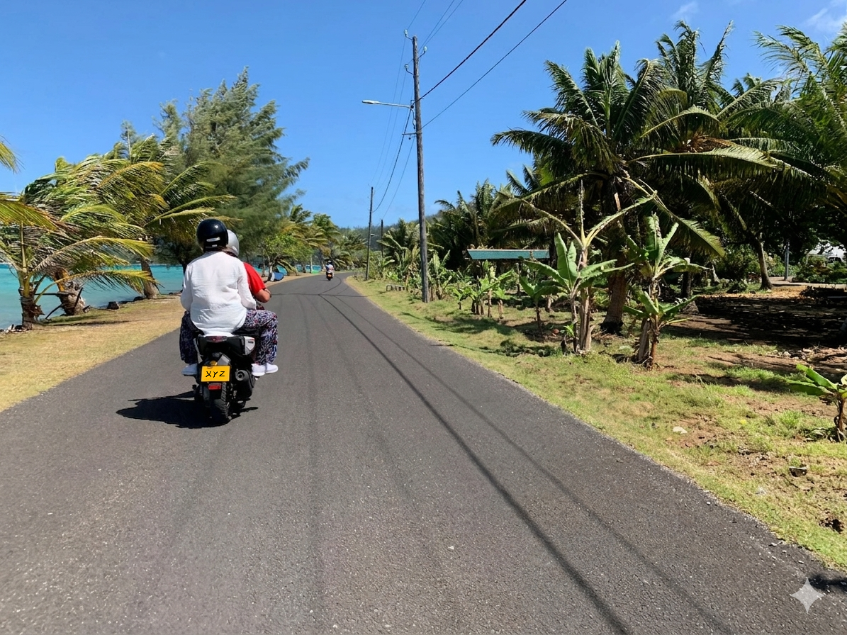Balade en scooter sur la route côtière de Huahine